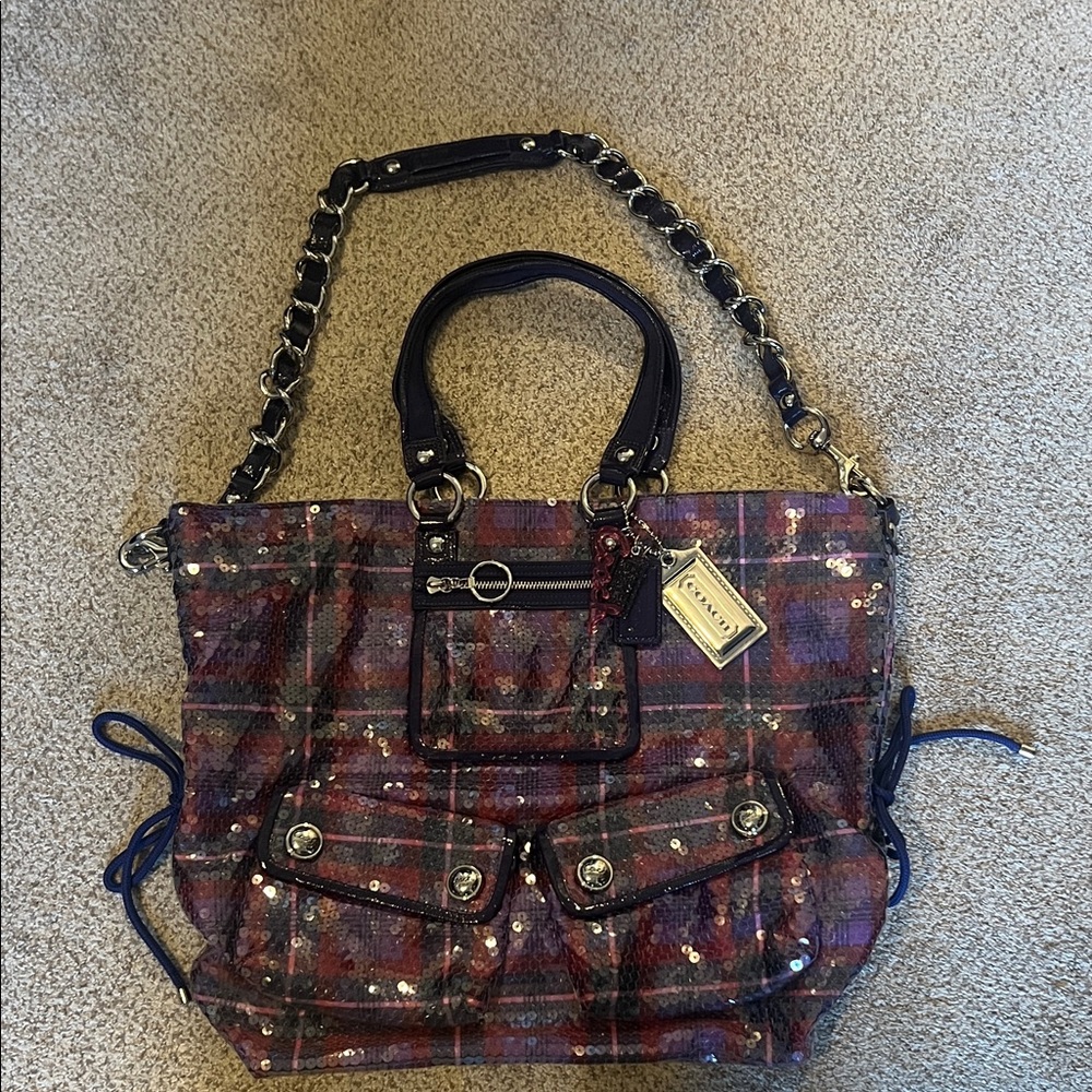 Coach Sequin Plaid Shoulder Bag - Purple and Black